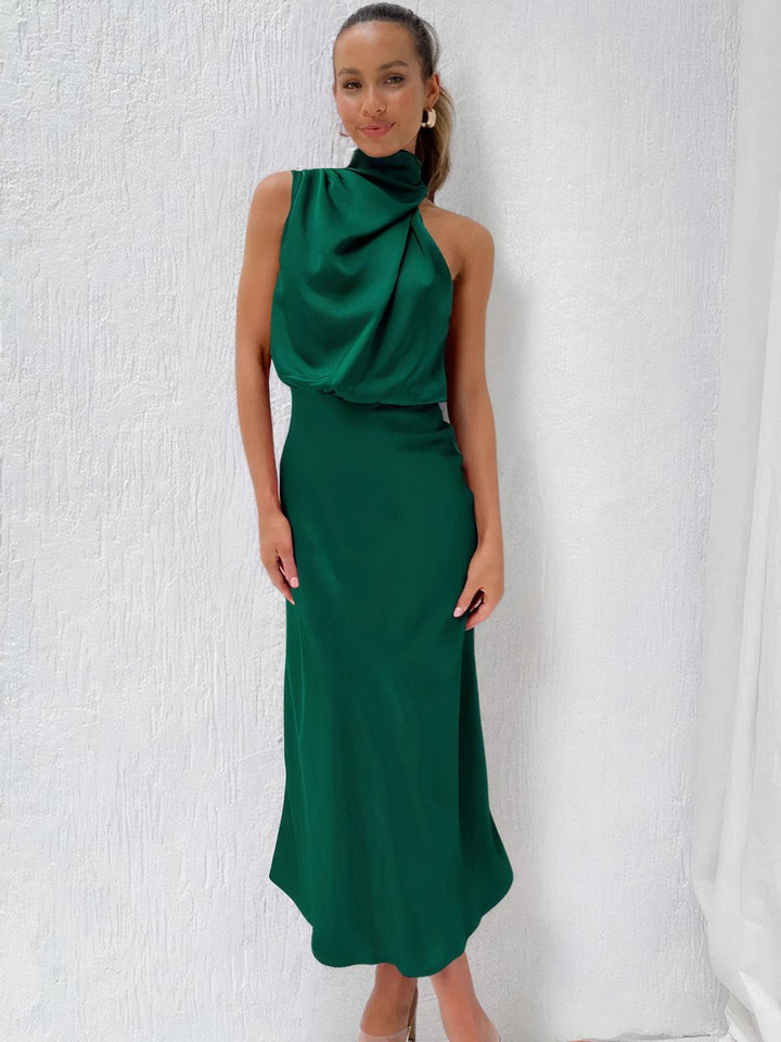Women's Satin Halter-Neck Midi Cocktail Party Dress
