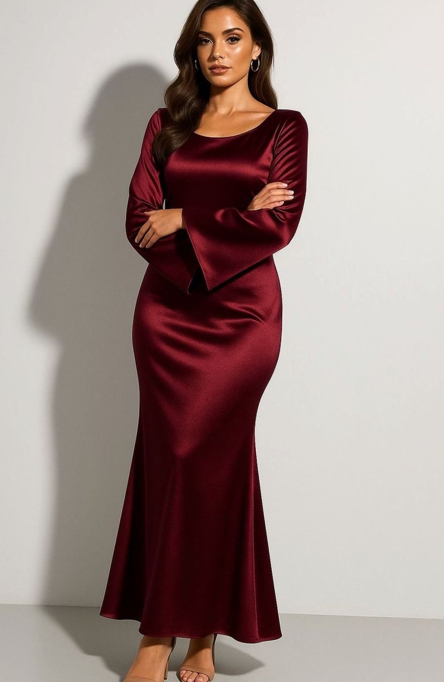 Women's Satin Long-Sleeve Fishtail Maxi Evening Dress
