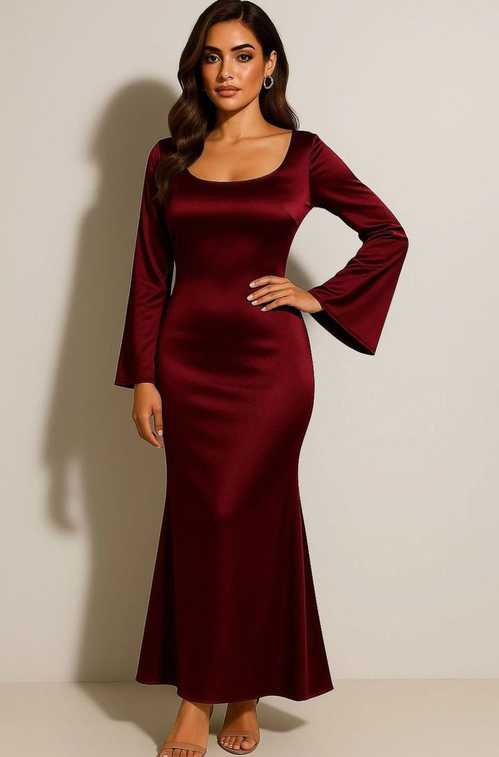 Women's Satin Long-Sleeve Fishtail Maxi Evening Dress