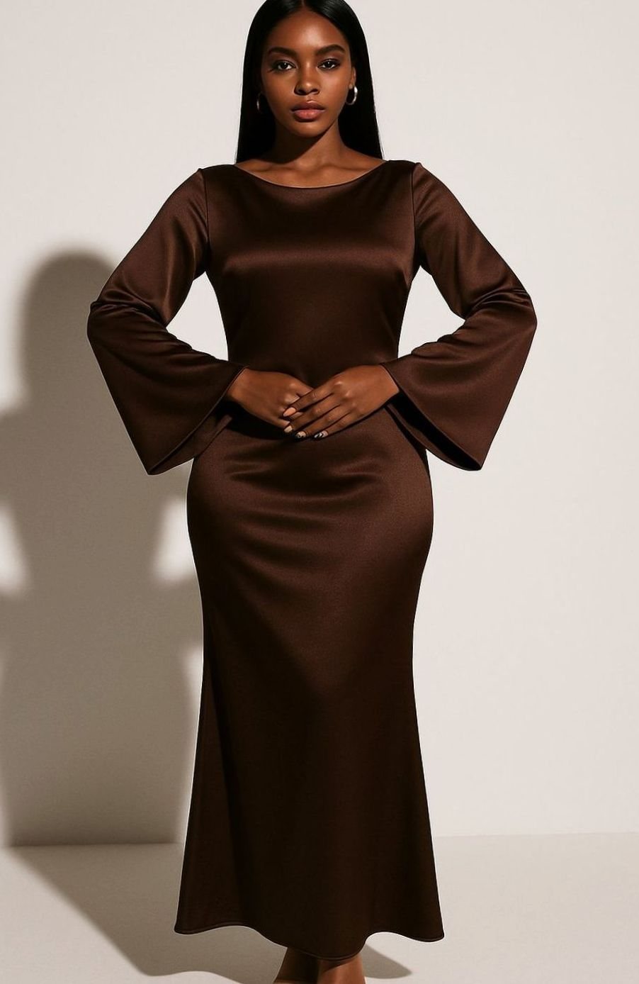 Women's Satin Long-Sleeve Fishtail Maxi Evening Dress