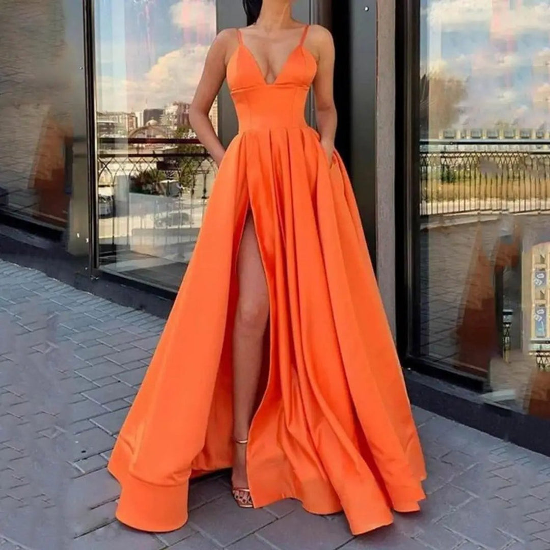 Women's Satin V-Neck High-Slit Cocktail Party Dress