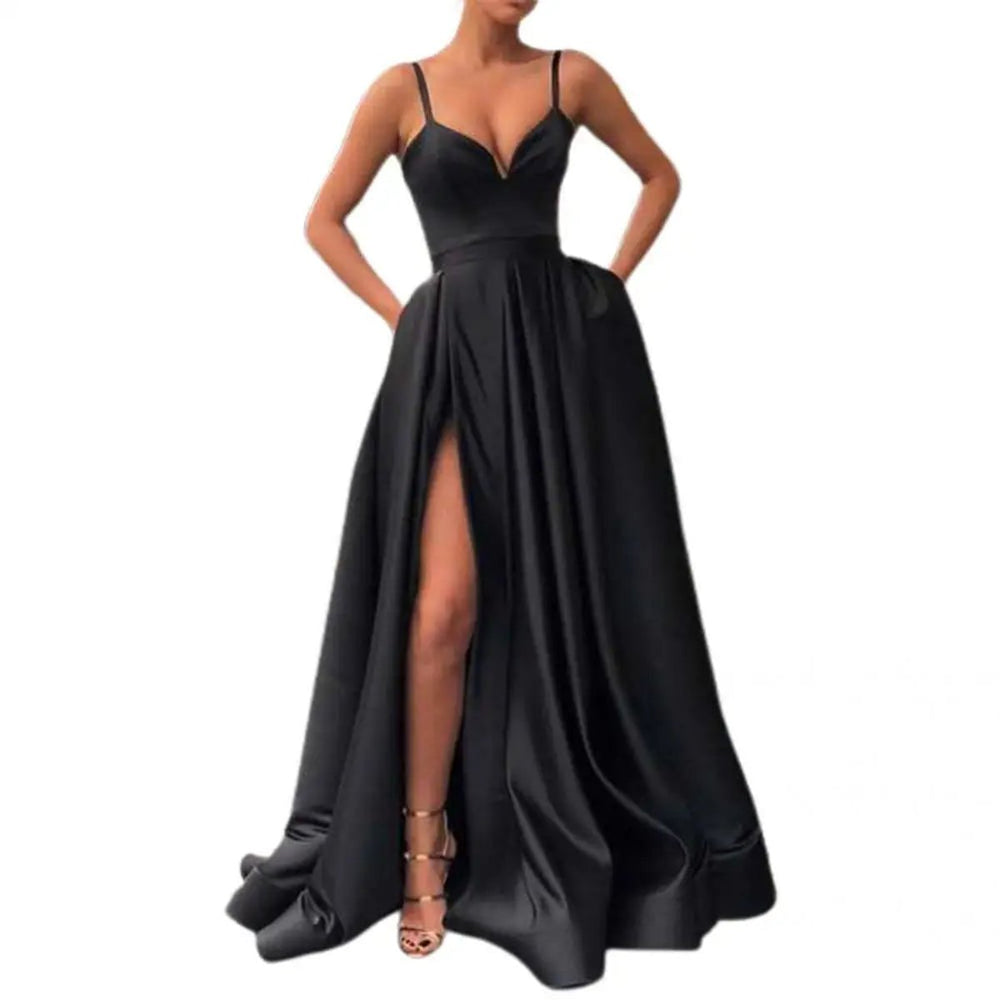 Women's Satin V-Neck High-Slit Cocktail Party Dress