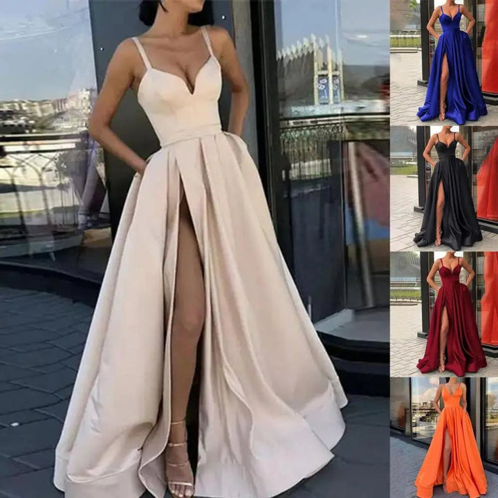 Women's Satin V-Neck High-Slit Cocktail Party Dress