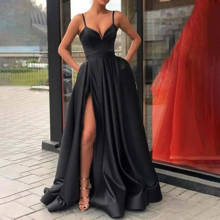 Women's Satin V-Neck High-Slit Cocktail Party Dress