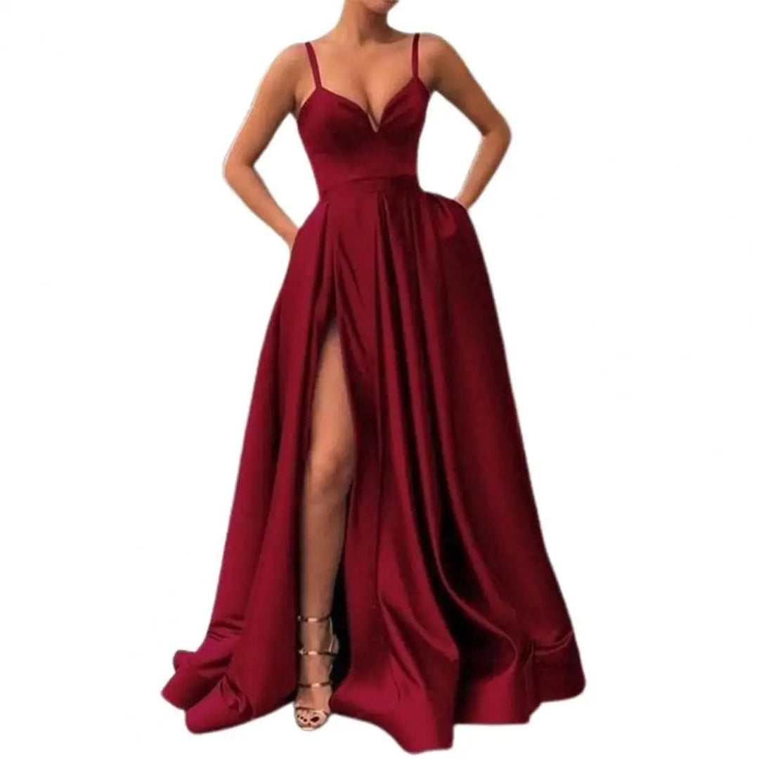 Women's Satin V-Neck High-Slit Cocktail Party Dress
