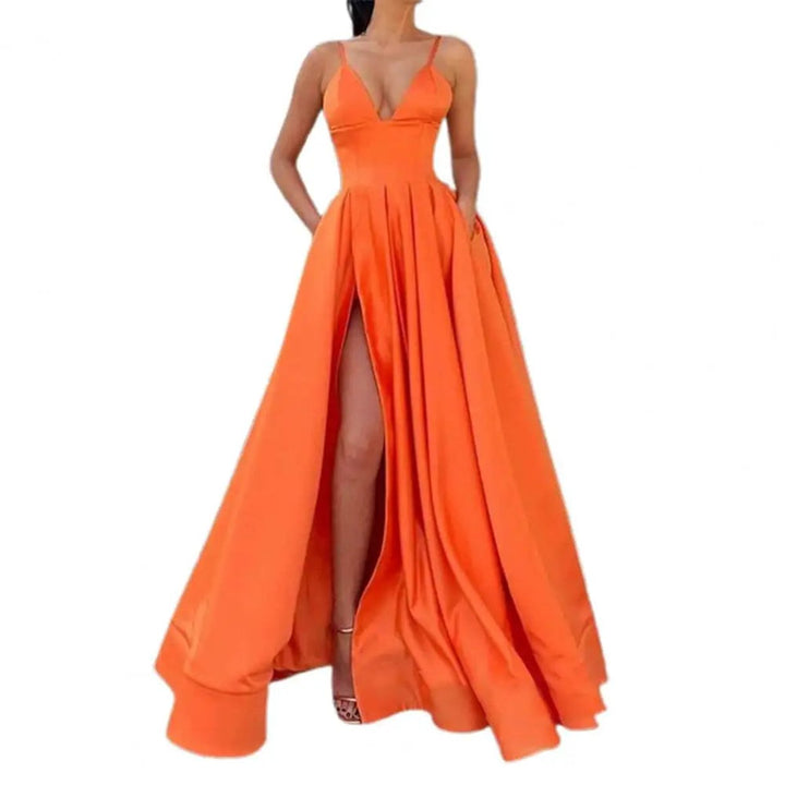 Women's Satin V-Neck High-Slit Cocktail Party Dress