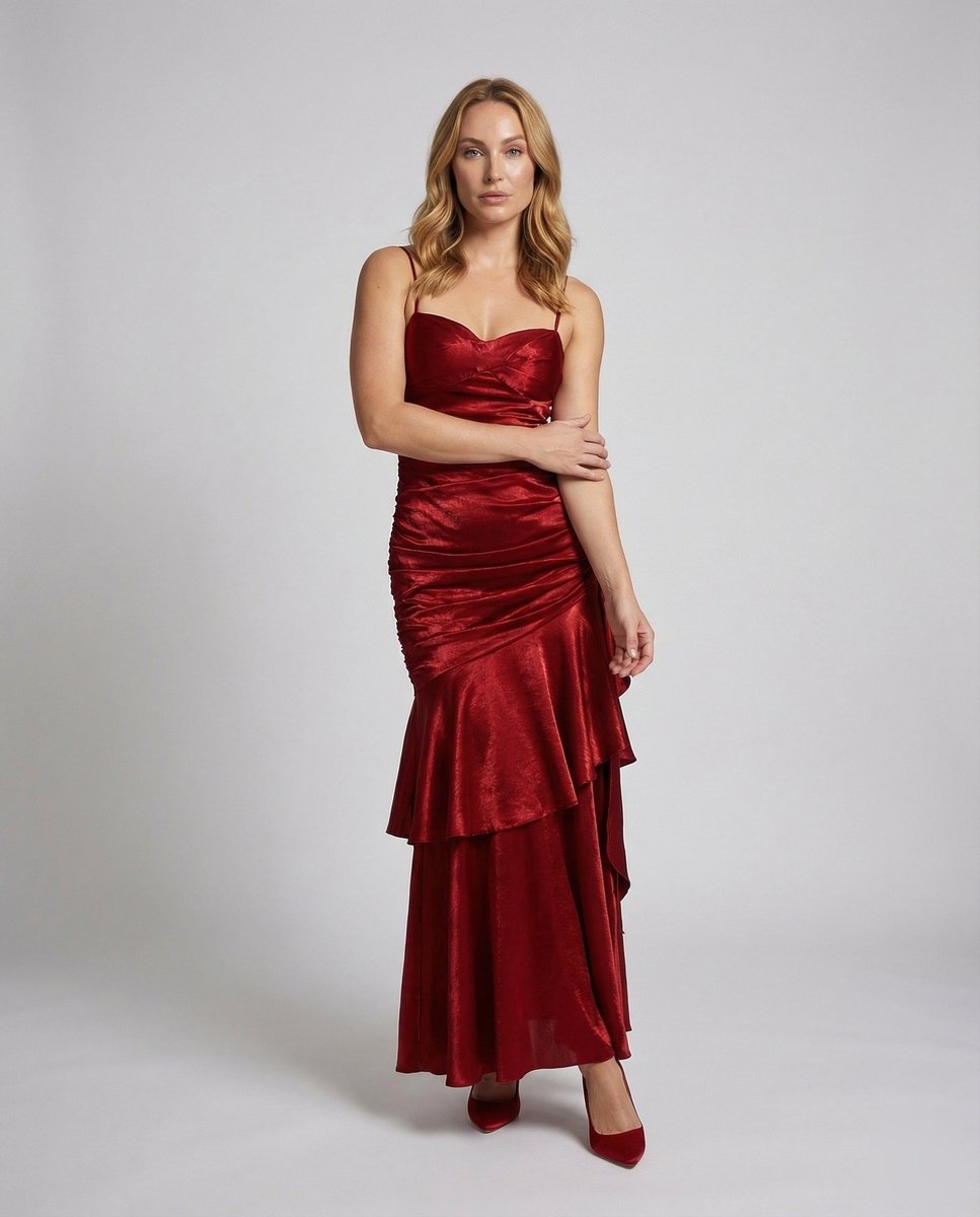 Women's Satin Velvet Party Dress Ruched Tiered Maxi Gown