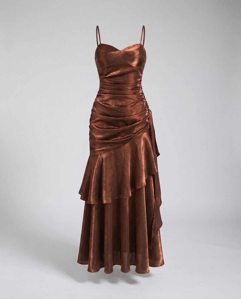 Women's Satin Velvet Party Dress Ruched Tiered Maxi Gown - Brown