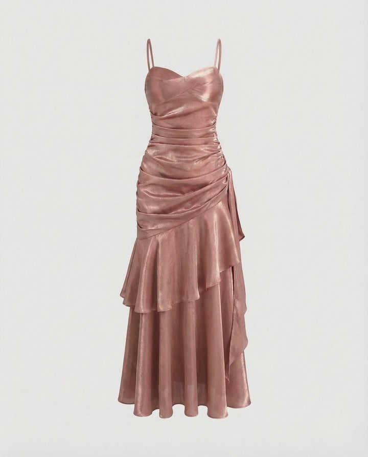 Women's Satin Velvet Party Dress Ruched Tiered Maxi Gown - Purple