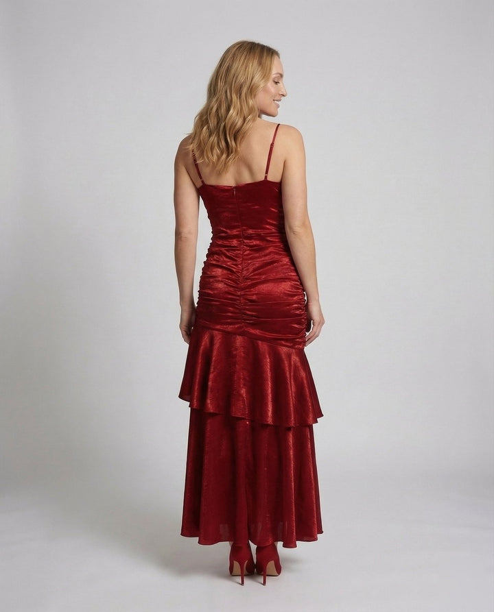 Women's Satin Velvet Party Dress Ruched Tiered Maxi Gown