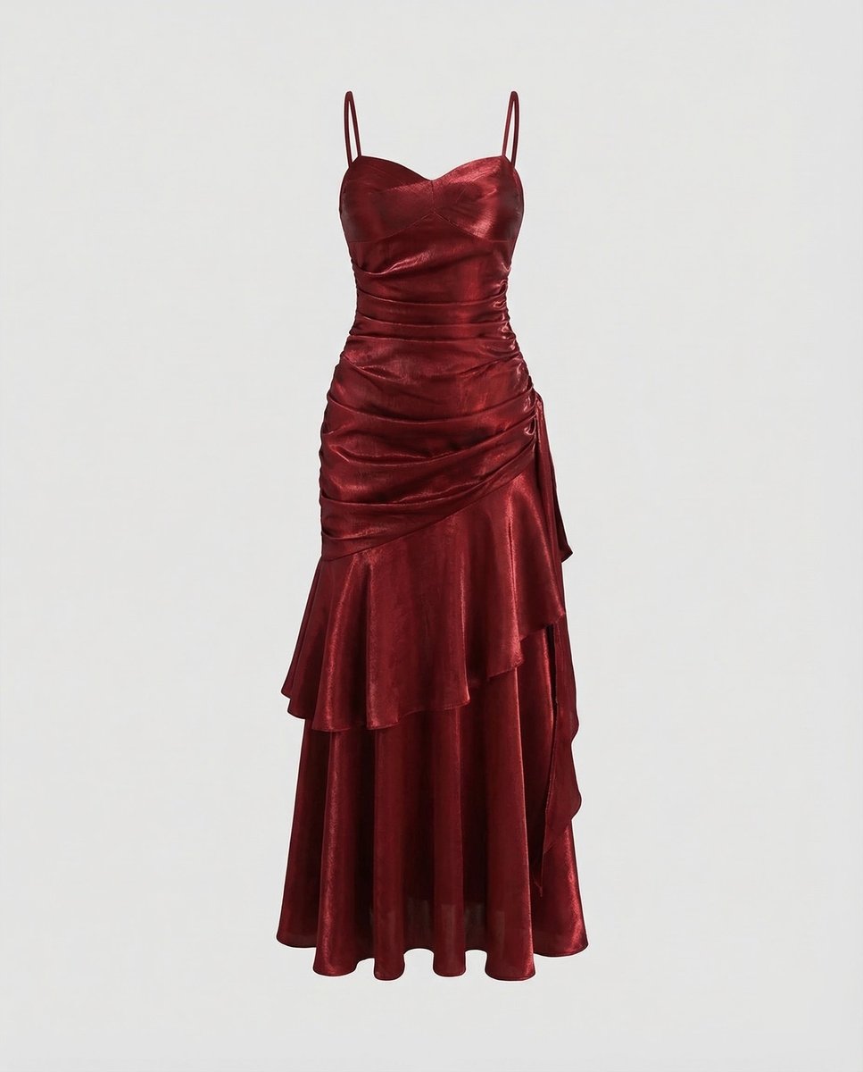 Women's Satin Velvet Party Dress Ruched Tiered Maxi Gown - Red