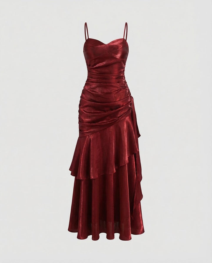 Women's Satin Velvet Party Dress Ruched Tiered Maxi Gown - Red
