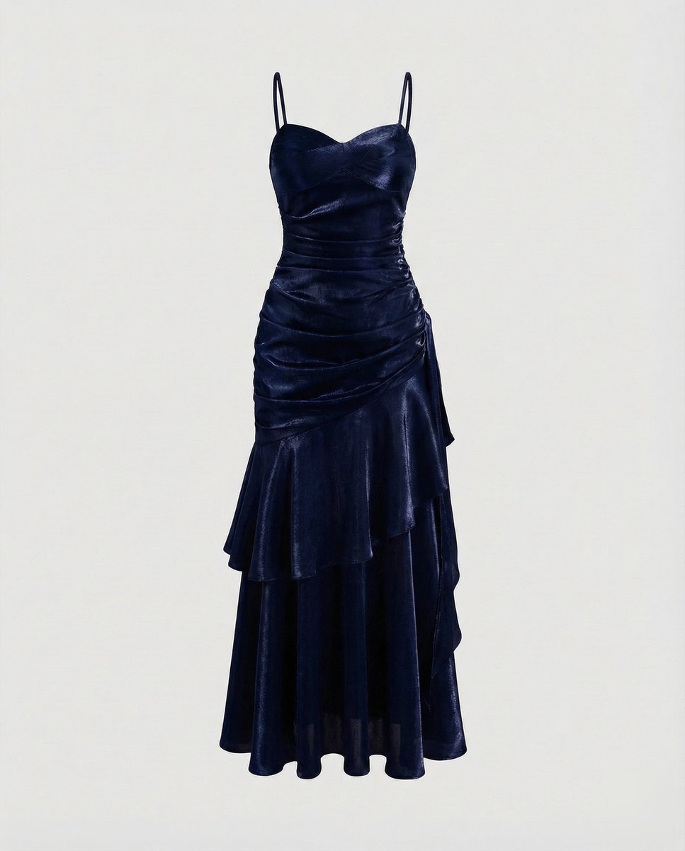 Women's Satin Velvet Party Dress Ruched Tiered Maxi Gown - Royal Blue