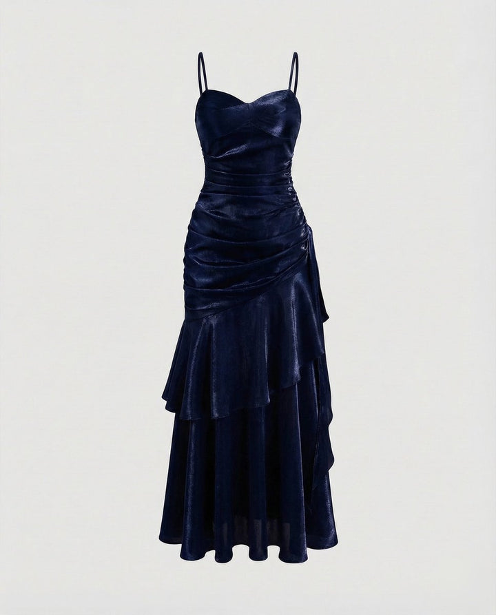 Women's Satin Velvet Party Dress Ruched Tiered Maxi Gown - Royal Blue