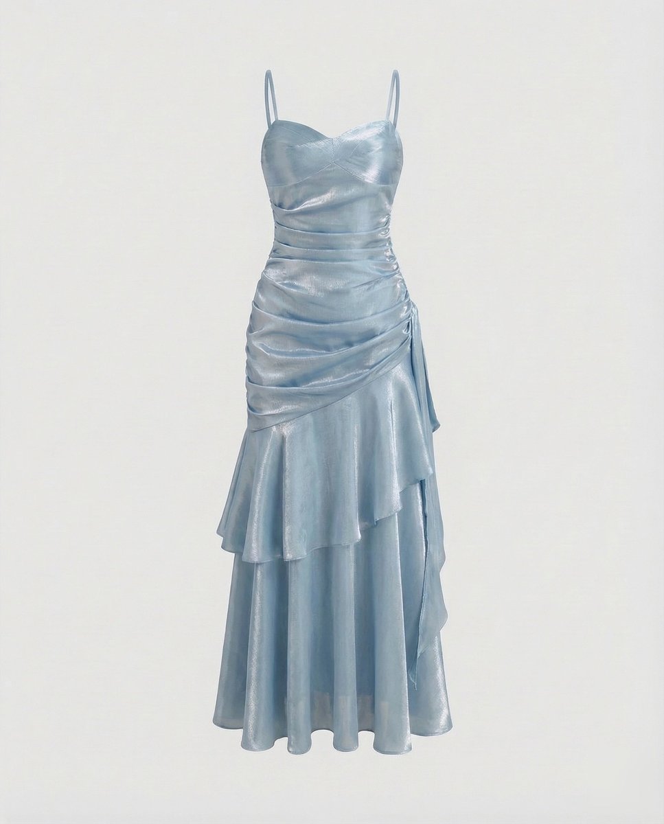 Women's Satin Velvet Party Dress Ruched Tiered Maxi Gown - Light Blue