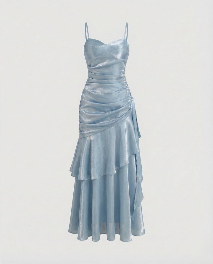 Women's Satin Velvet Party Dress Ruched Tiered Maxi Gown - Light Blue