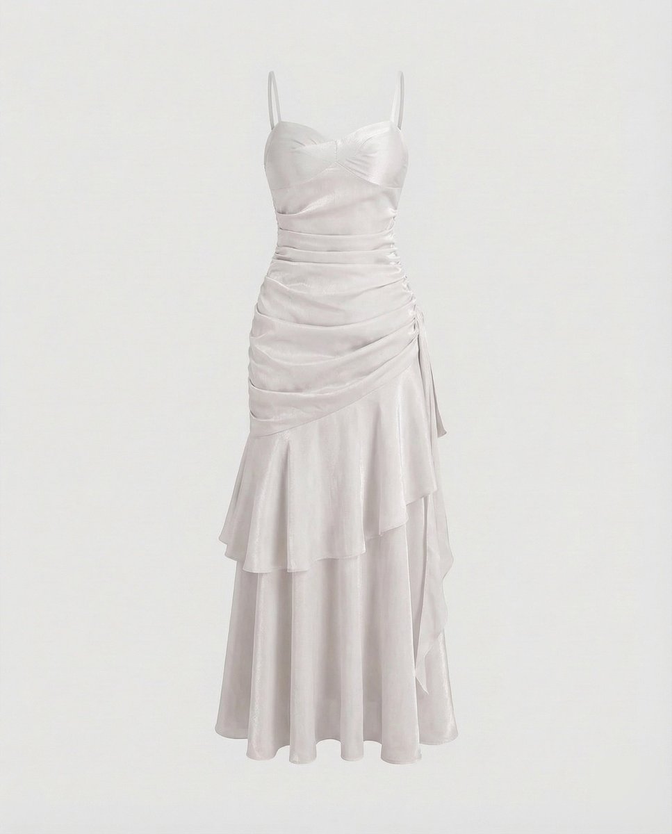 Women's Satin Velvet Party Dress Ruched Tiered Maxi Gown - White