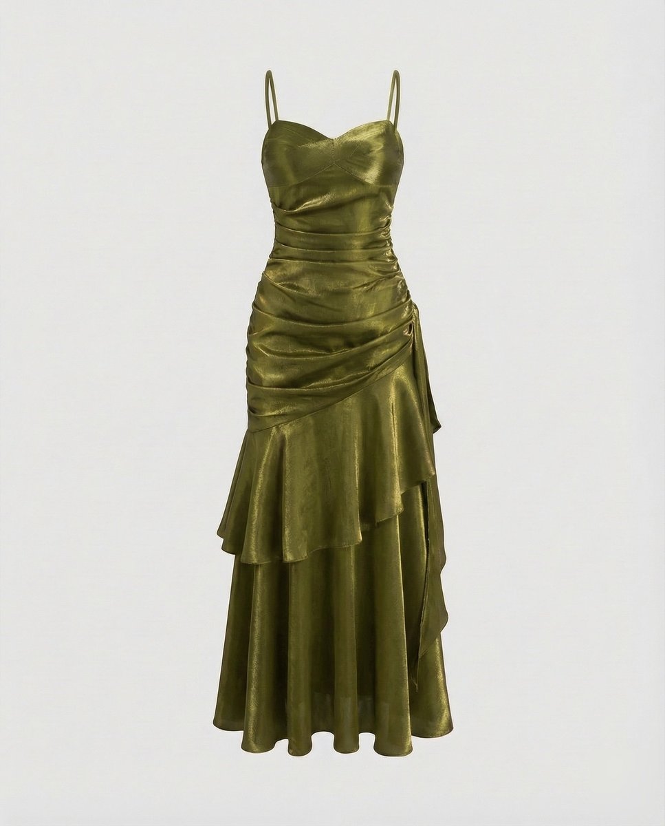 Women's Satin Velvet Party Dress Ruched Tiered Maxi Gown - Green