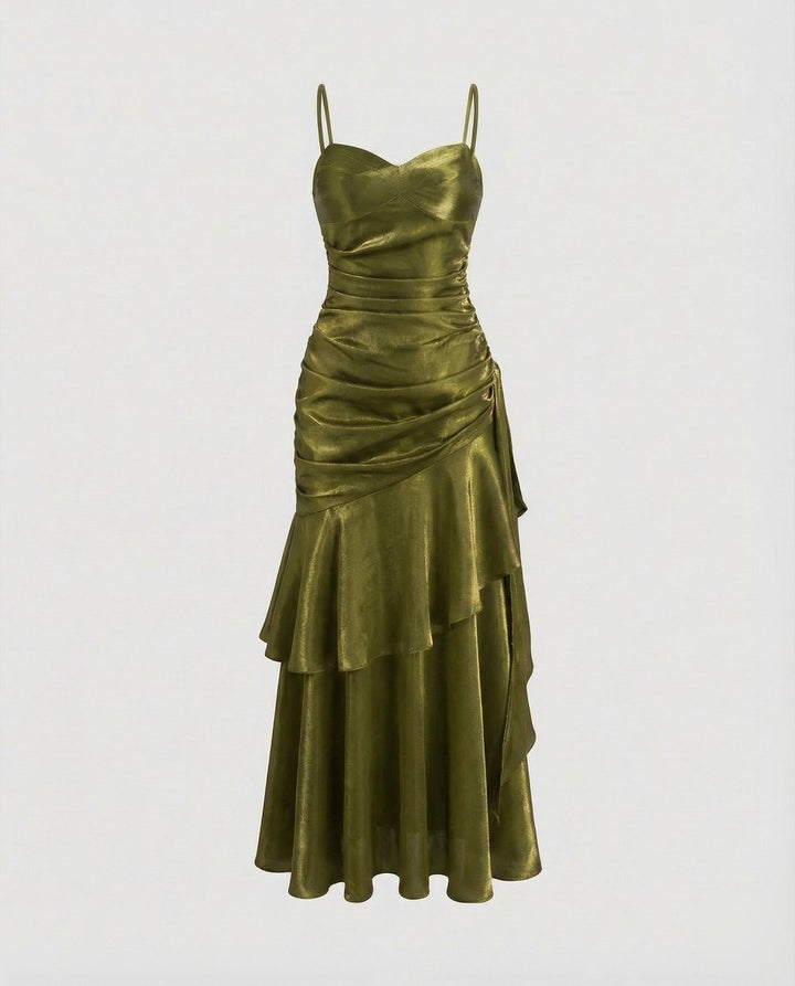 Women's Satin Velvet Party Dress Ruched Tiered Maxi Gown - Green