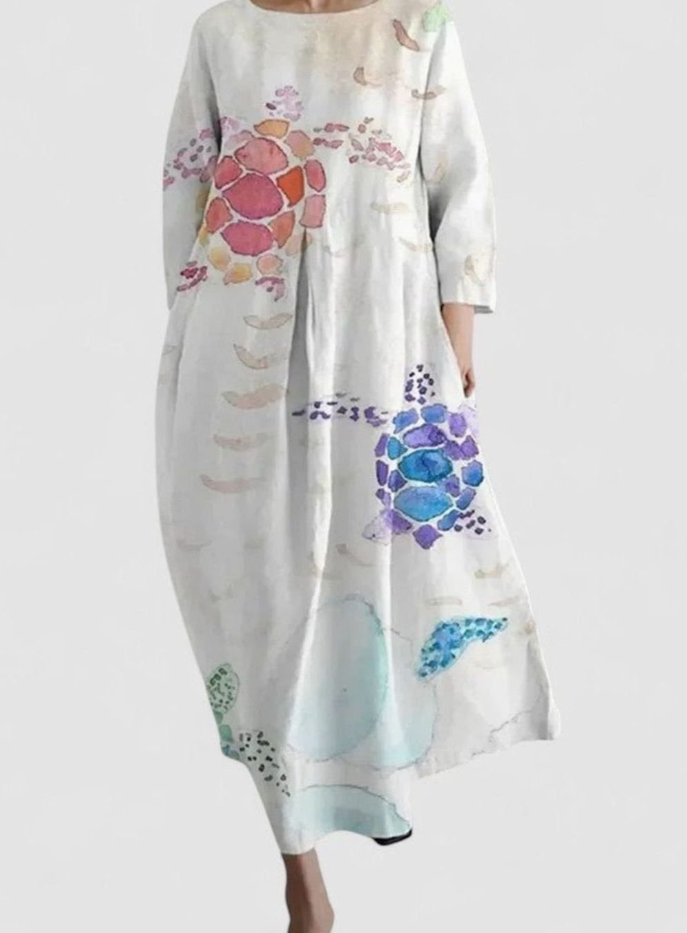 Women's Sea Turtle Print 3/4 Sleeve Relaxed Midi Dress