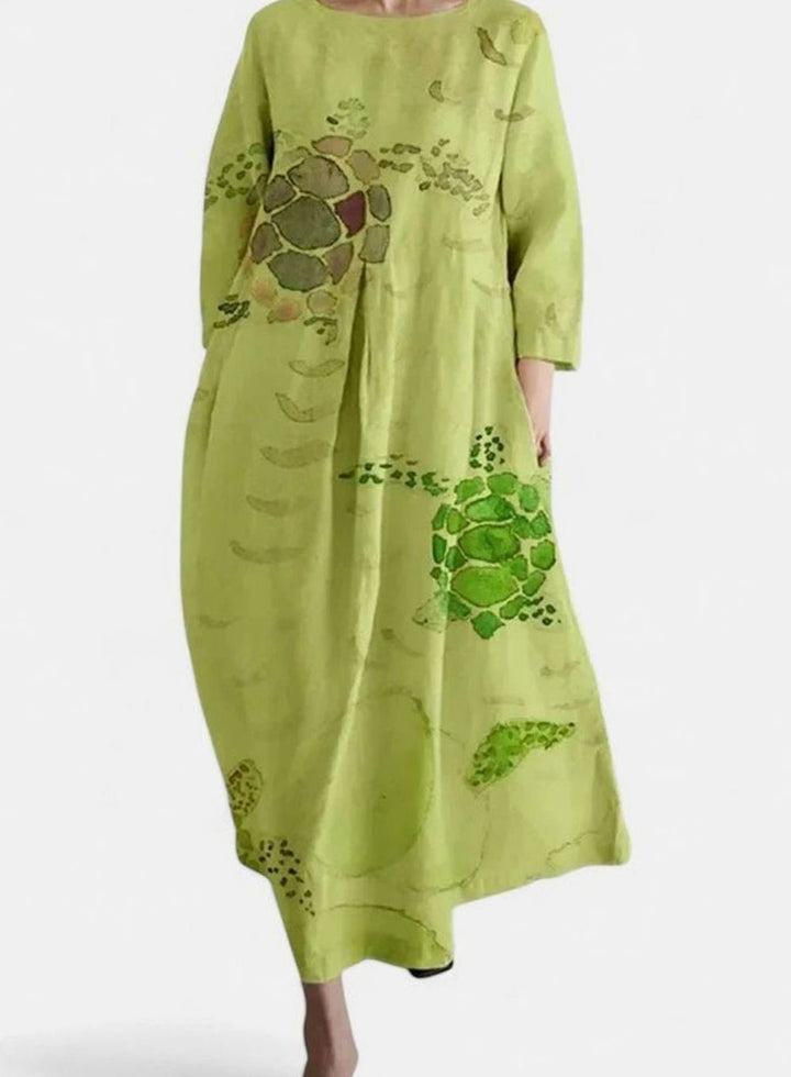 Women's Sea Turtle Print 3/4 Sleeve Relaxed Midi Dress