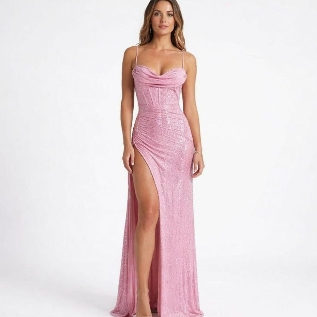 Women's Sequin Corset Maxi Evening Dress High Slit
