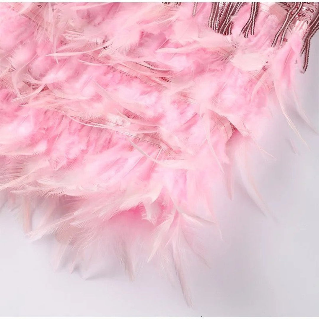 Women's Sequin Feather-Hem Spaghetti-Strap Cocktail Party Dress