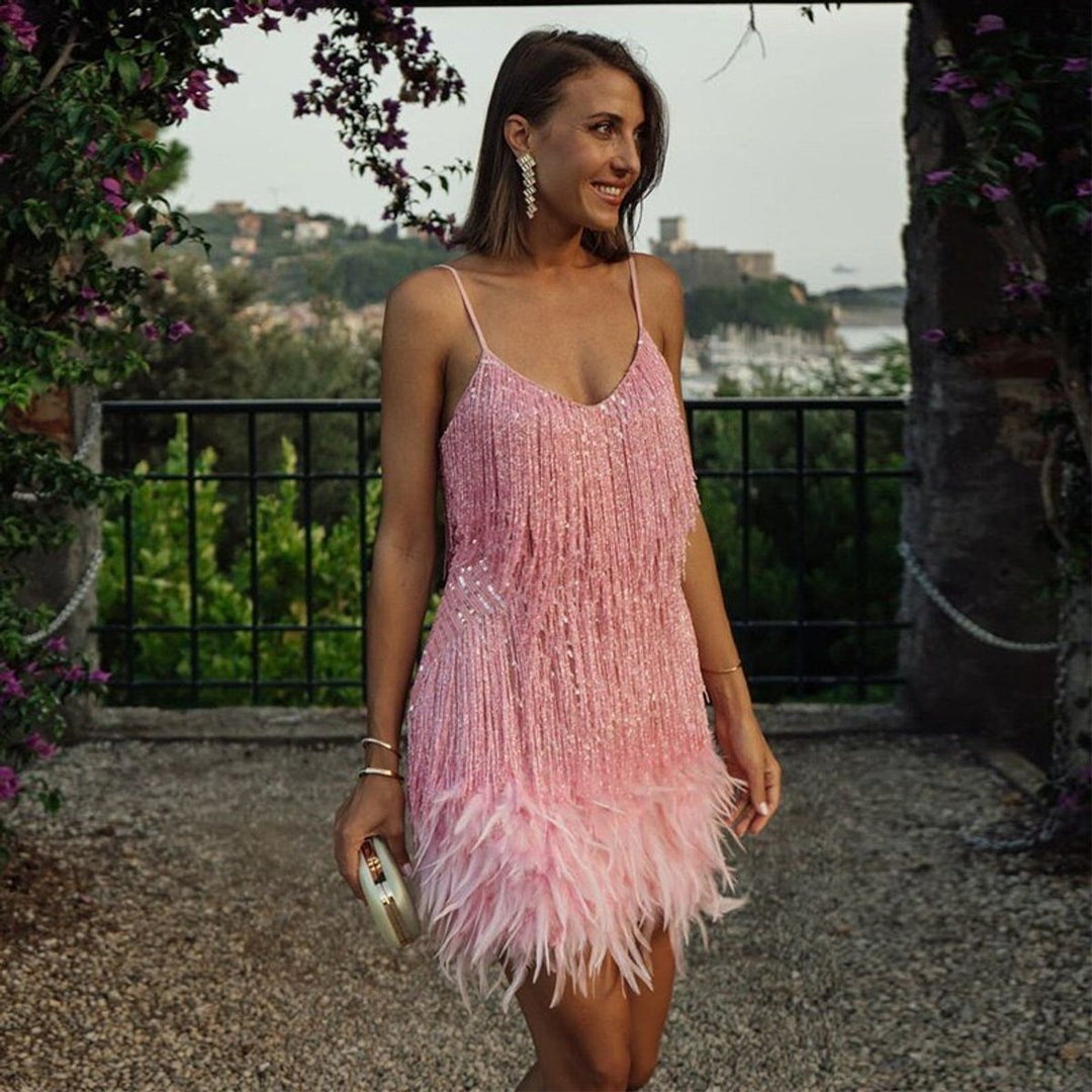 Women's Sequin Feather-Hem Spaghetti-Strap Cocktail Party Dress