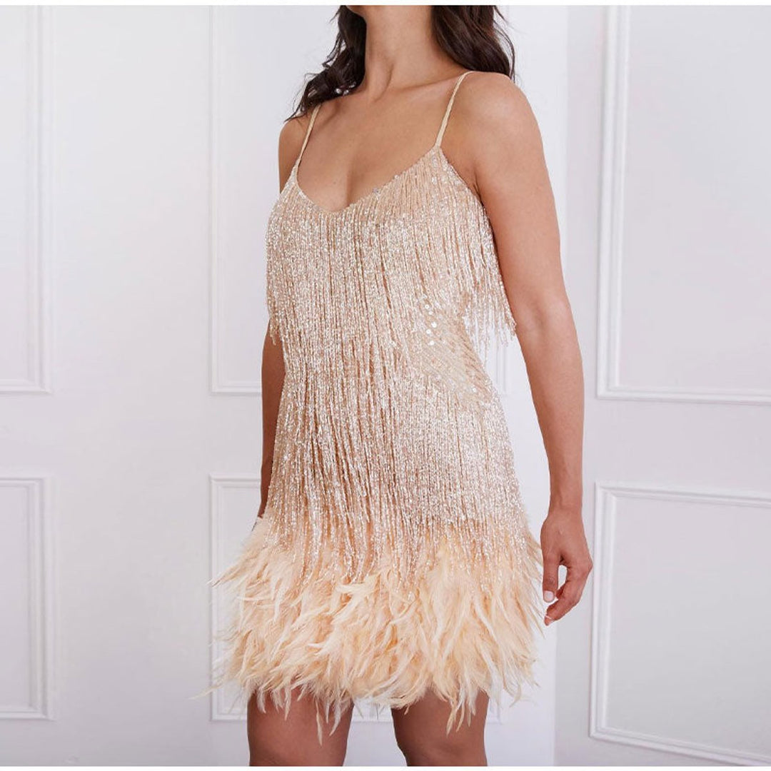 Women's Sequin Feather-Hem Spaghetti-Strap Cocktail Party Dress