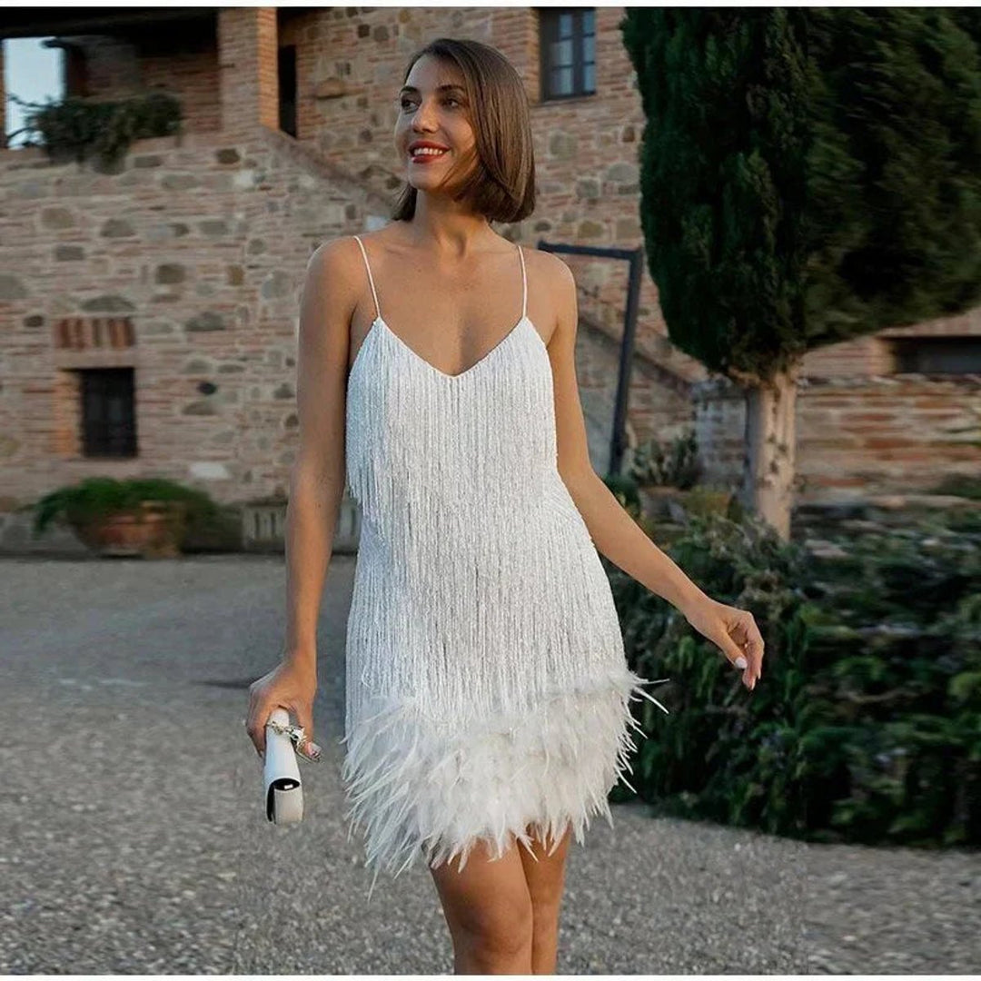 Women's Sequin Feather-Hem Spaghetti-Strap Cocktail Party Dress