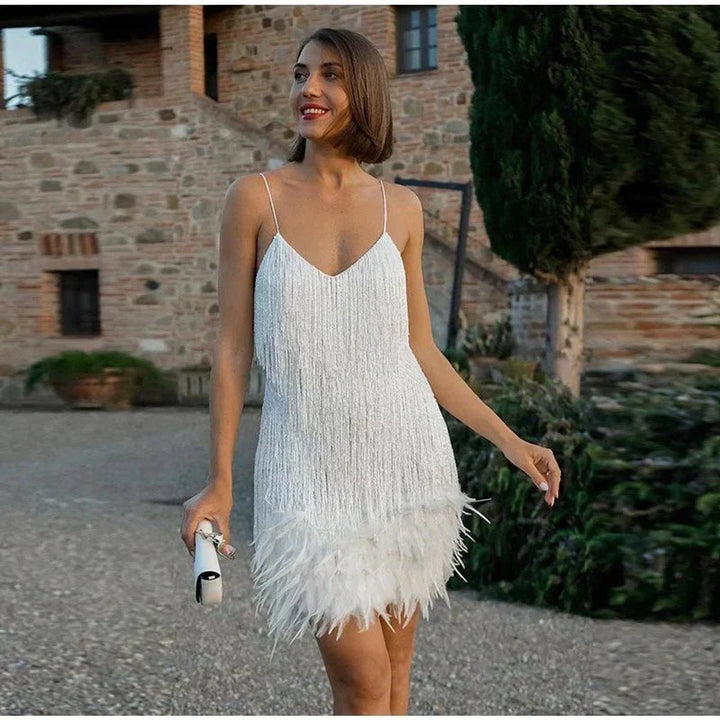 Women's Sequin Feather-Hem Spaghetti-Strap Cocktail Party Dress