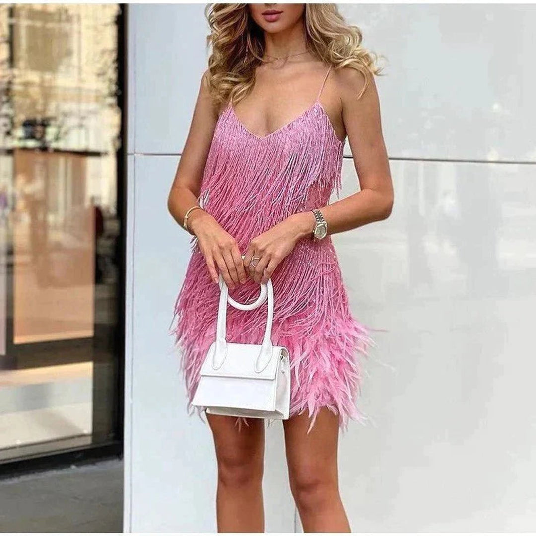 Women's Sequin Feather-Hem Spaghetti-Strap Cocktail Party Dress