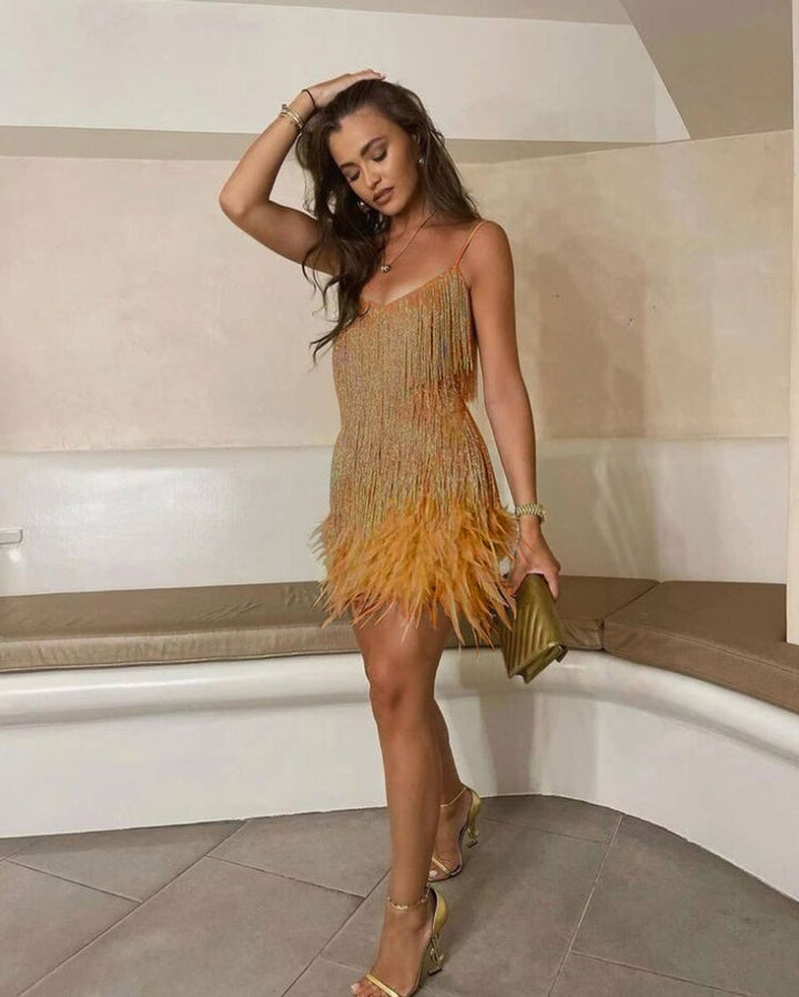 Women's Sequin Feather-Hem Spaghetti-Strap Cocktail Party Dress