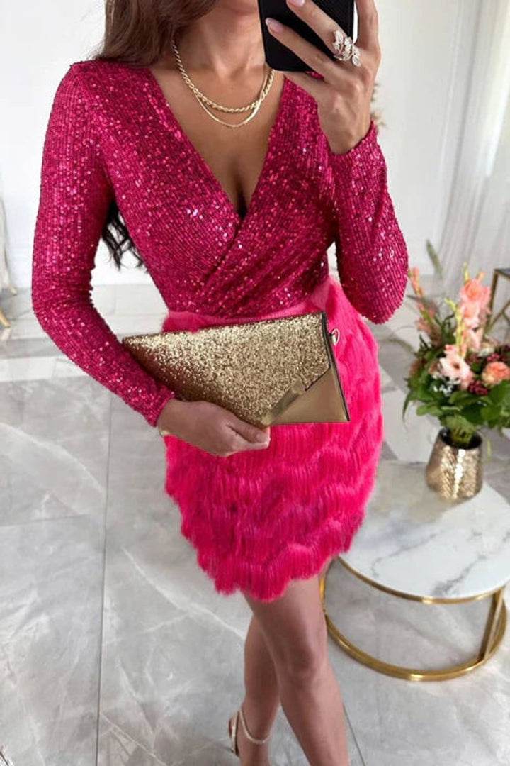 Women's Sequin Feather-Skirt V-Neck Cocktail Party Dress