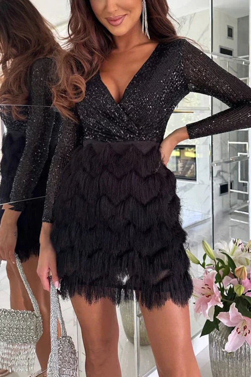 Women's Sequin Feather-Skirt V-Neck Cocktail Party Dress