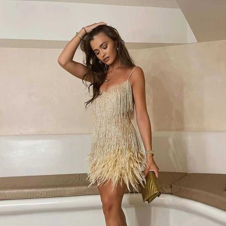Women's Sequin Fringe Feather-Hem Cocktail Party Dress