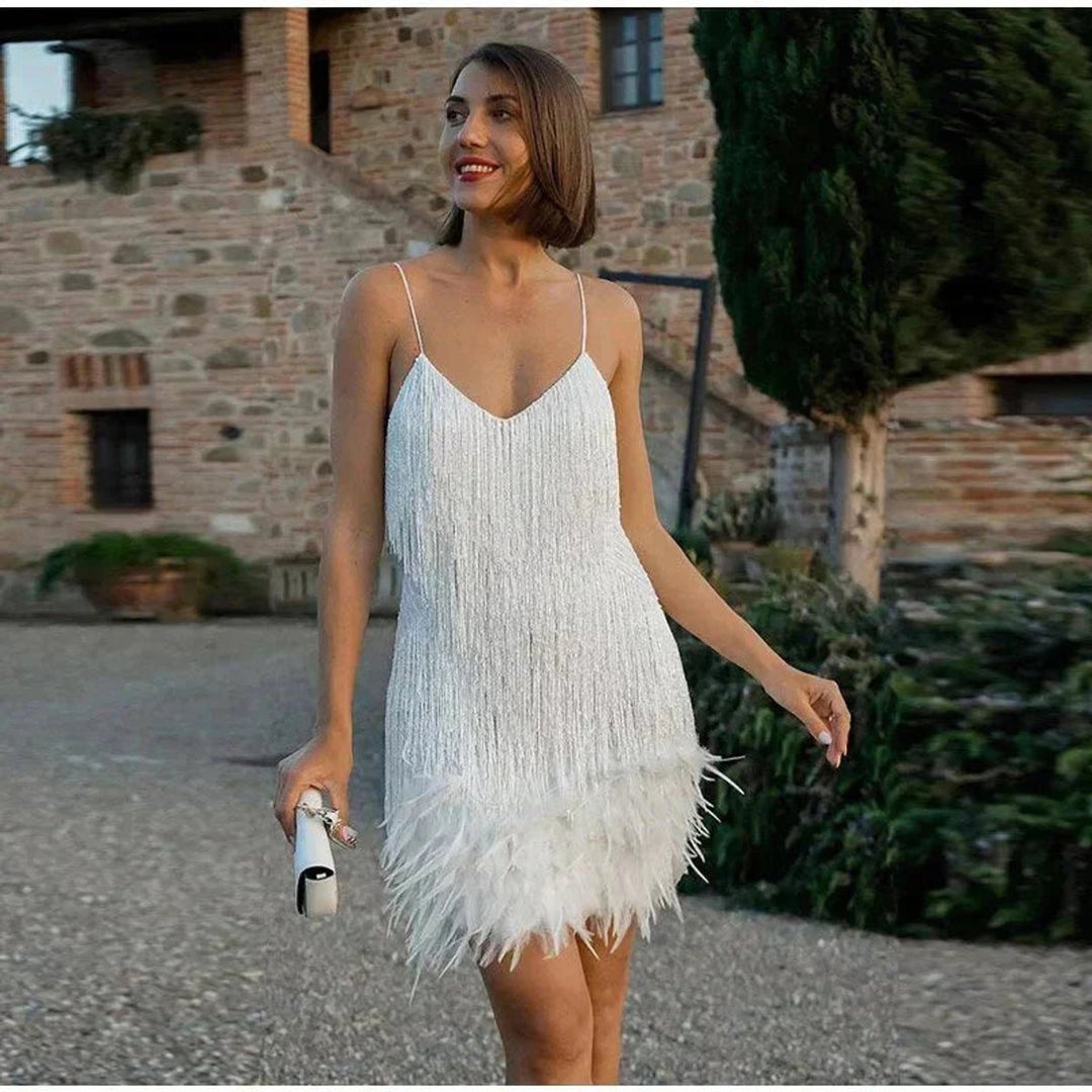 Women's Sequin Fringe Feather-Hem Cocktail Party Dress