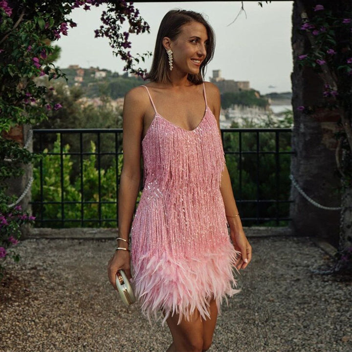 Women's Sequin Fringe Feather-Hem Cocktail Party Dress
