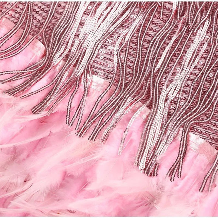 Women's Sequin Fringe Feather-Hem Cocktail Party Dress