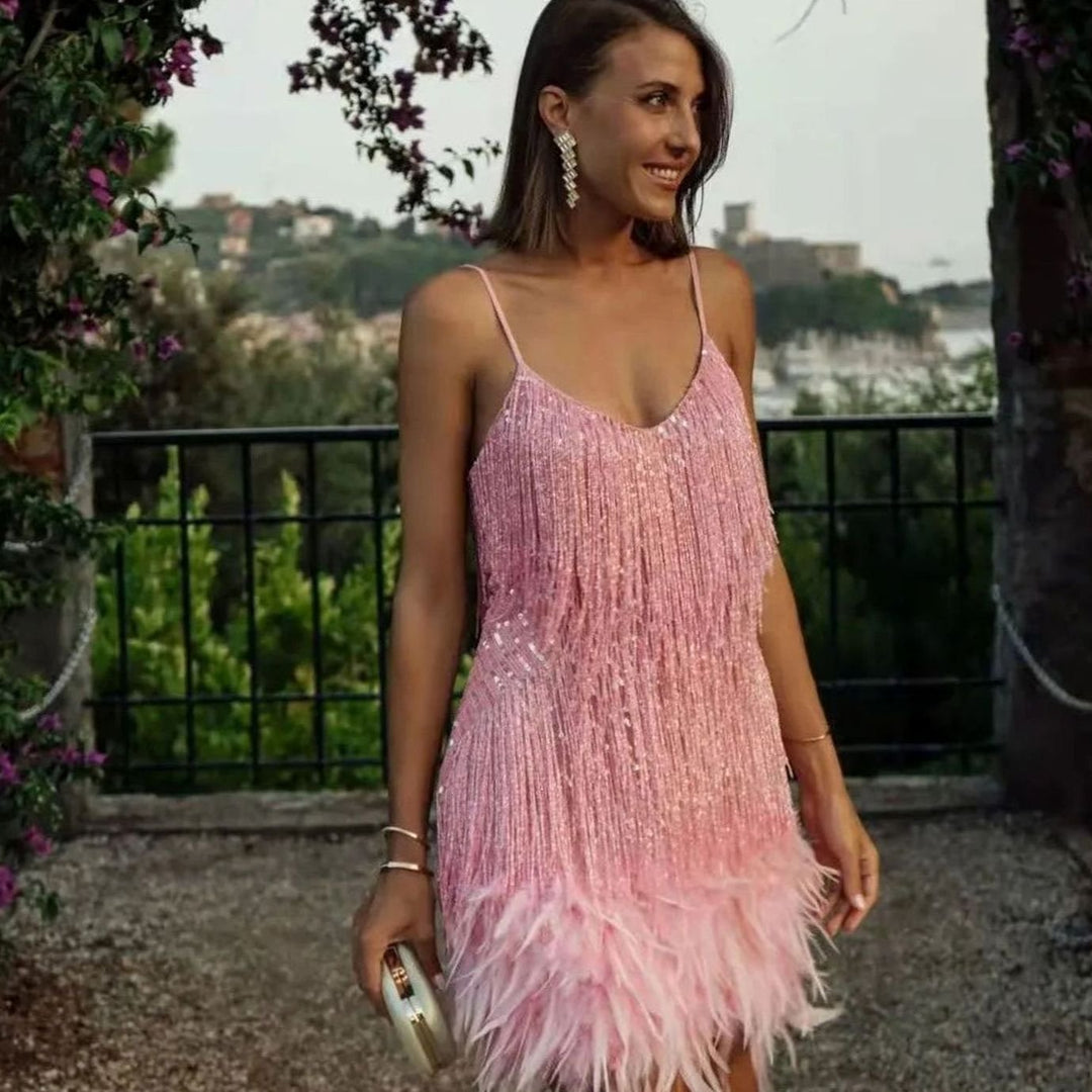 Women's Sequin Fringe Feather-Trim Slip Cocktail Dress - Light Pink