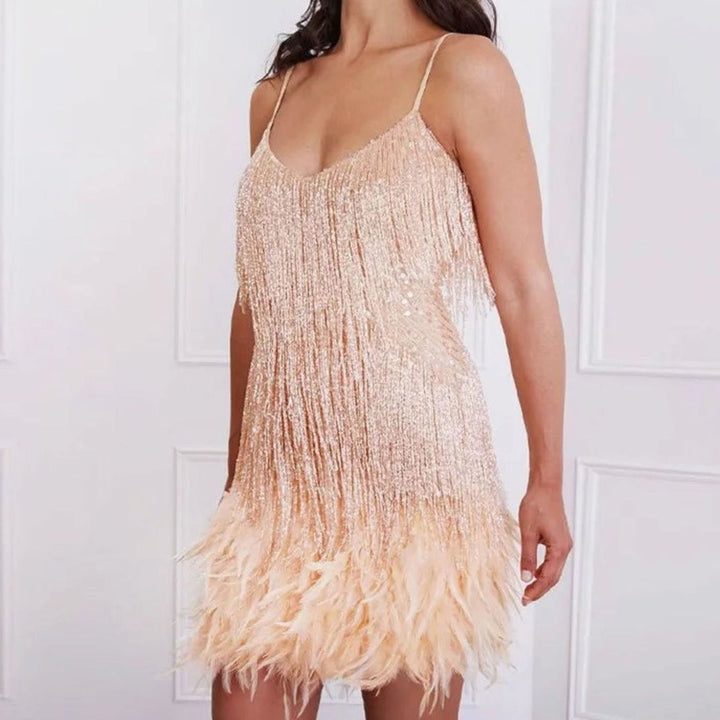 Women's Sequin Fringe Feather-Trim Slip Cocktail Dress - Beige