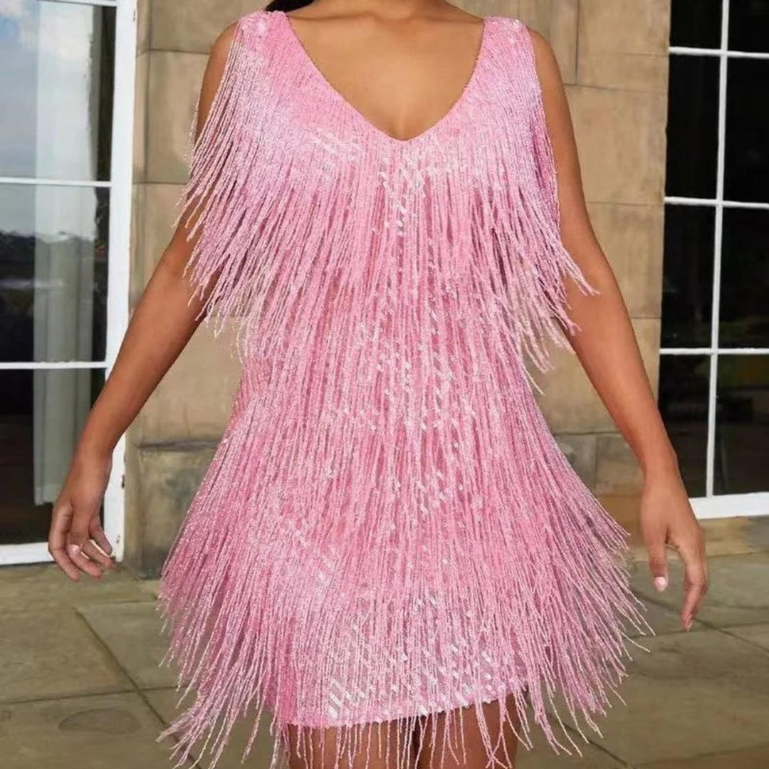 Women's Sequin Fringe V-Neck Cocktail Party Dress