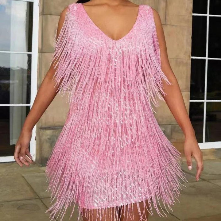 Women's Sequin Fringe V-Neck Cocktail Party Dress