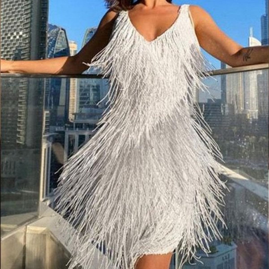 Women's Sequin Fringe V-Neck Cocktail Party Dress
