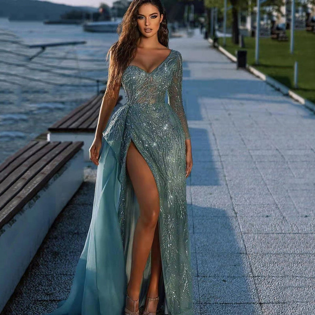 Women's Sequin High-Slit Long-Sleeve Cocktail Party Dress