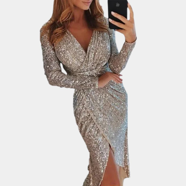 Women's Sequin Long-Sleeve V-Neck Cocktail Party Dress Front Split