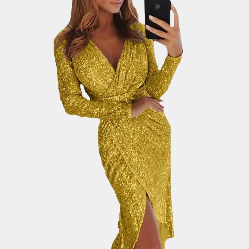 Women's Sequin Long-Sleeve V-Neck Cocktail Party Dress Front Split