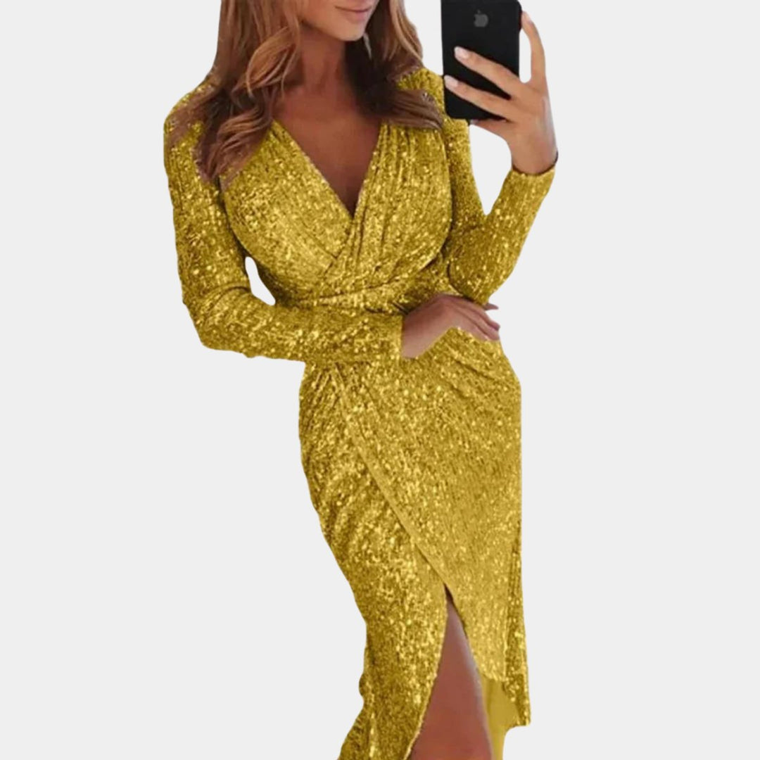 Women's Sequin Long-Sleeve V-Neck Cocktail Party Dress Front Split