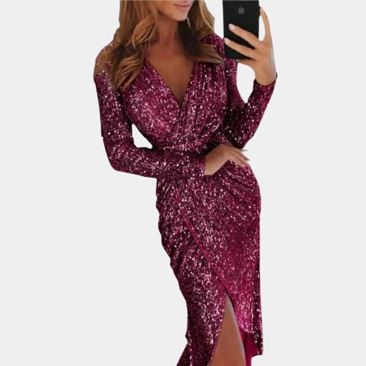 Women's Sequin Long-Sleeve V-Neck Cocktail Party Dress Front Split