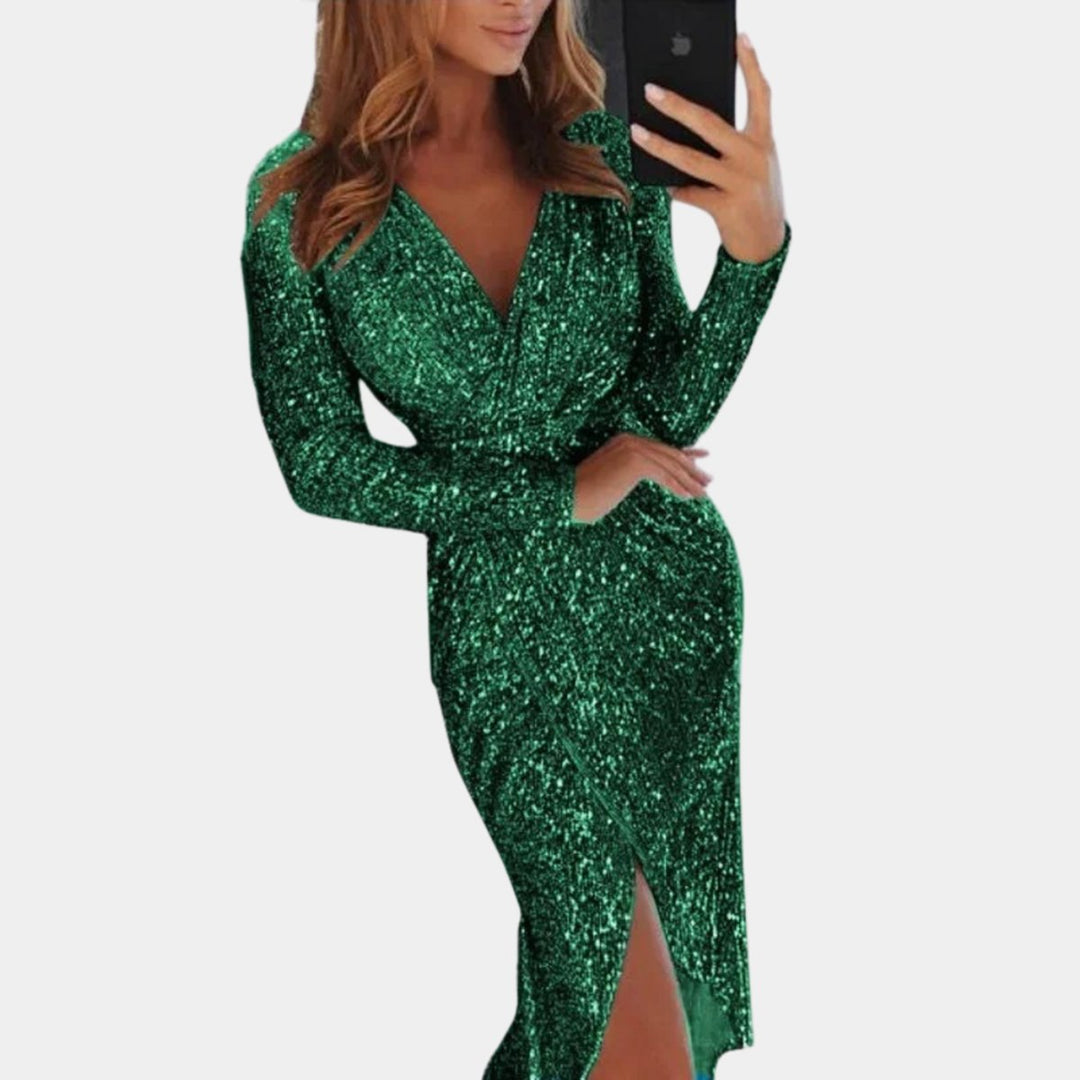 Women's Sequin Long-Sleeve V-Neck Cocktail Party Dress Front Split